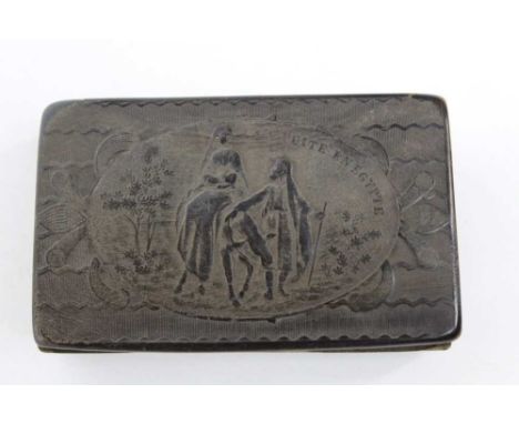 19th century French pressed horn snuff box, decorated in relief with a scene entitled 'La Fuite En Egyptie', 7.5cm width