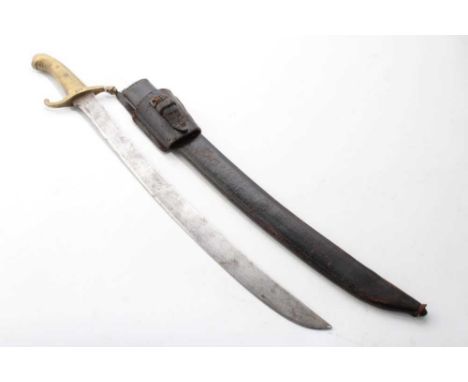 19th Century European side arm with ribbed brass hilt and curved blade in leather scabbard