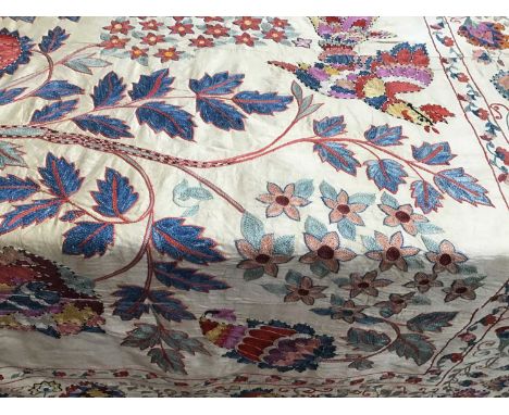 Vintage Indian suzanni from Bokhara, Uzbekistan, with hand chain stitched decoration on a Adras (cotton and silk mix) field.