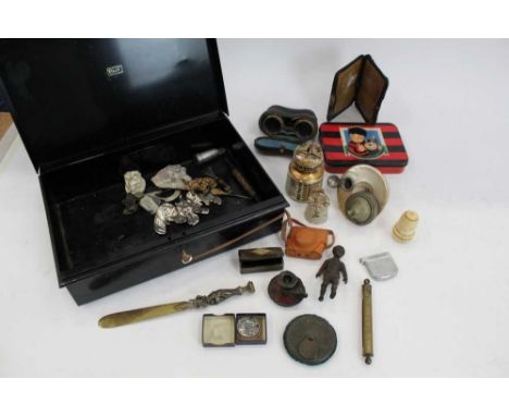 Vintage tin containing a quantity to various items to include a leather purse with silver mounts, pair of opera glasses in ca
