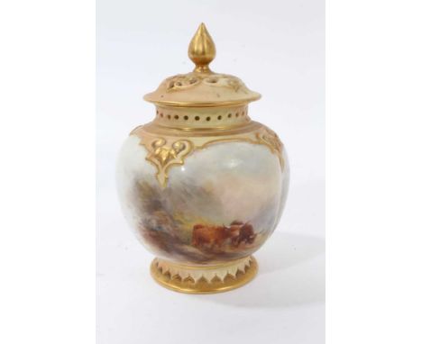 Royal Worcester porcelain pot pouri vase and cover painted by Stinton, 14cm high 