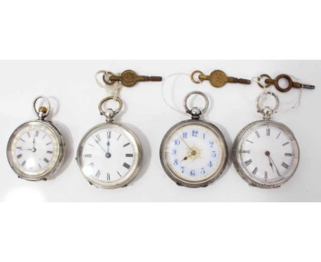 Four silver cased fob watches, all with white enamel dials and silver cases with engraved floral scroll decoration 