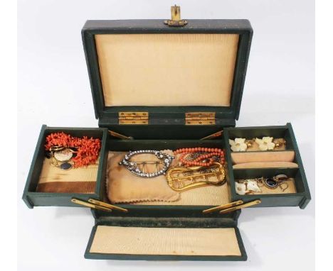 Jewellery box containing antique and later jewellery including two antique coral necklaces, pair banded agate screw back earr