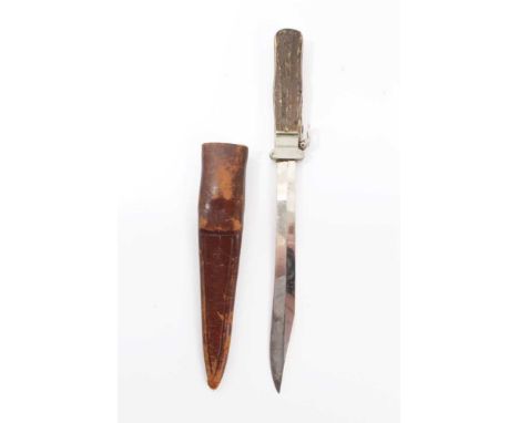 Unusual German hunting knife with extending 'gravity' drop polished steel blade and stag horn grips, in leather sheath, 35cm 