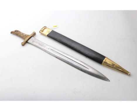 Reproduction continental sidearm with brass eagles head hilt , broad fullered blade in brass mounted leather scabbard.