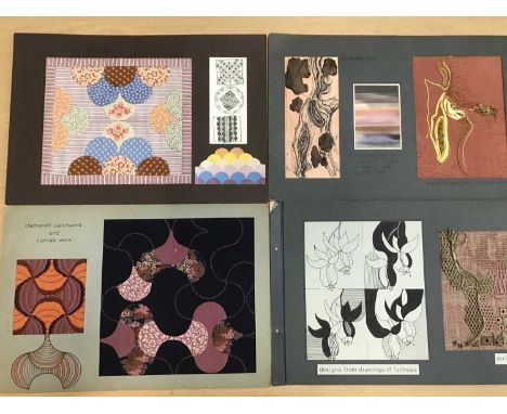 Two boxes textiles designs, mounted textile art, embroidery and samples