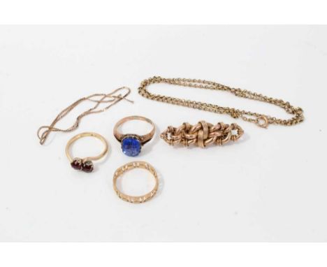 Group gold jewellery including three rings, 9ct plaited bar brooch and two chains Condition report: Blue stone ring- marks ar