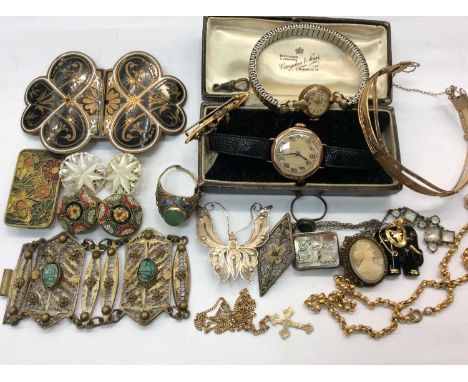 Group vintage jewellery including two gold cased wristwatches, 9ct gold cross pendant on chain, 9ct gold bar brooch, enamelle