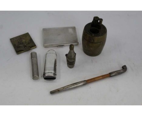 Chinese white metal mounted opium pipe together with a silver cigarette lighter and other smoking related items