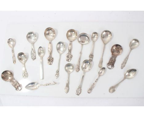 Collection of 18 Danish silver and white metal spoons to include Jensen, caddy spoons and christening spoons, many with Copen