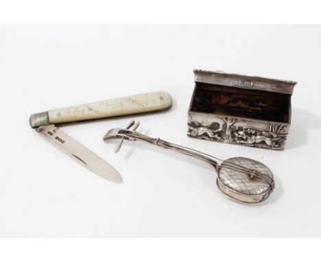 Silver trinket box decorated with interior tavern scene and dogs chasing a wild boar, silver and mother of pearl fruit knife 