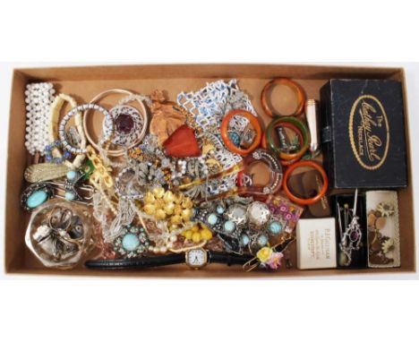 Group vintage costume jewellery and bijouterie including micro mosaic panel bracelet, paste set brooches, bead necklaces and 