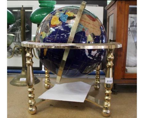 World lapis globe inset with coloured stones and minerals, gimbal action on four supports, with compass to base, 47cm high