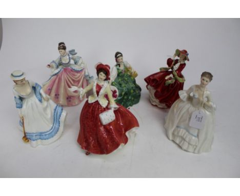Six Royal Doulton figures - Elyse HN2474, Rebecca HN2805, Top o the Hill HN1834, Christmas Day HN4214, unnamed HN3222 and Sum