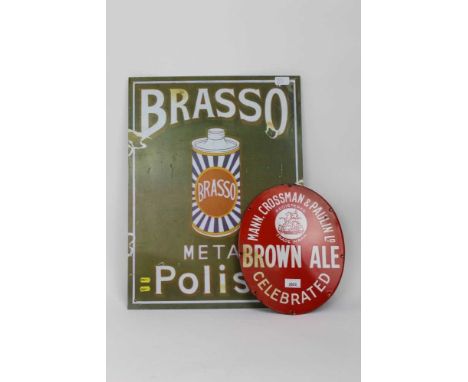 Mann, Crossman and Paulin Ld Brown Ale enamel sign, and a reproduction enamel Brasso sign, the smaller measuring 33cm length