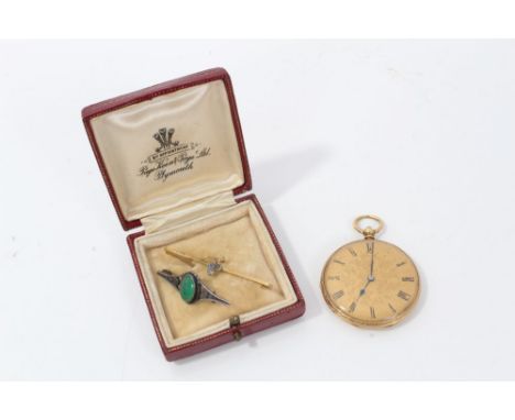 Gentleman's Swiss Gold (18k) open faced fob watch with engraved dial and case together with a yellow metal bar brooch and one