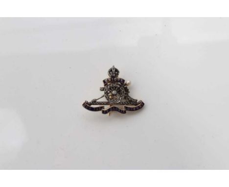 Good Quality 14ct Gold and Platinum Royal Artillery Sweetheart brooch with enamel decoration and set with diamonds and a seed