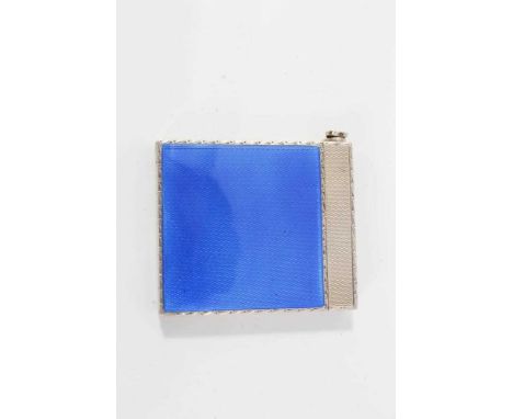 Fine quality silver and guilloche blue enamel powder compact with lipstick compartment. 5cm x 5.8cm Condition report: Marked 