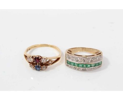 Antique old cut diamond, sapphire and ruby double band ring, size O½, together with an emerald and diamond half eternity styl