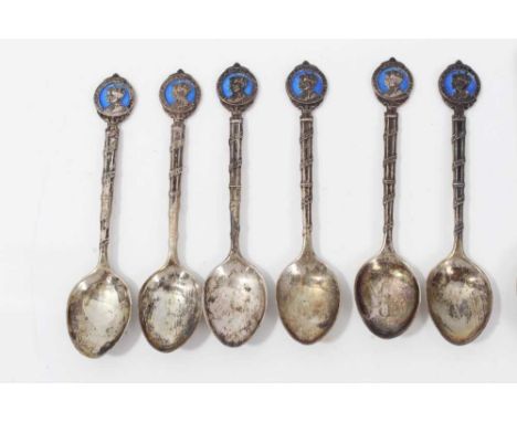 Set six silver and enamel George VI &amp; Elizabeth Coronation teaspoons and set six silver bowling related teaspoons