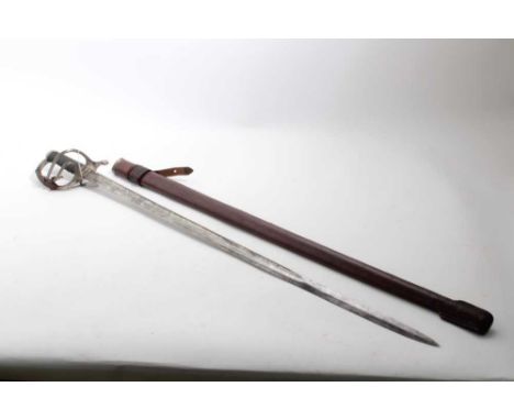 George V Royal Artillery Officers Sword with three bar hilt, wire bound shagreen grip, etched polished steel blade numbered 1