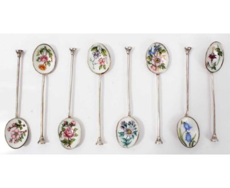 Set eight silver and enamel teaspoons with floral decoration, Birmingham 1965, in fitted case