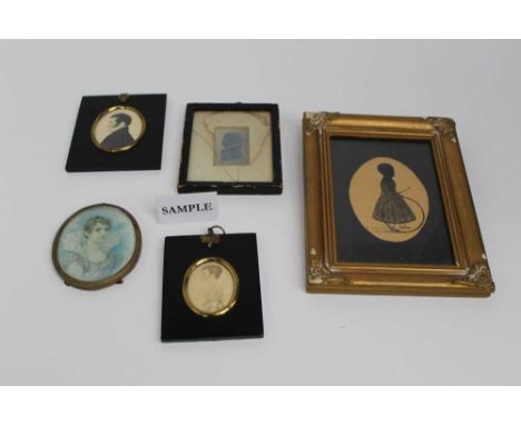 Group of 19th C portrait miniatures, including watercolours and silhouette