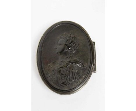 Early 19th Century Tortoiseshell and silver snuff box of oval form, finely decorated in relief with a portrait of Queen Anne,