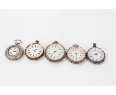 Group of five Swiss Ladies Silver cased fob watches with white enamel dials in engraved cases (5 watches)