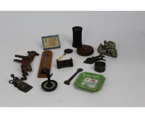 Box of sundries, including a Victorian letter Clip, Ebony and silver ring tree, guilloche enamel calendar, etc