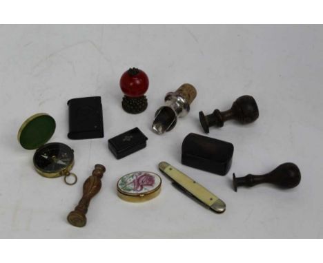 Small box of sundries, including desk seals (one converted from a Mandarin hat finial) and an Edward VII coronation match box