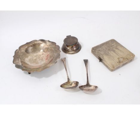 Silver dish, silver inkwell, pair Georgian silver ladles and set of six sterling silver cockerel sticks in case 