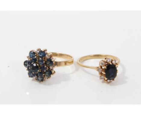 18ct gold sapphire and diamond cluster ring, size N½ and one other 18ct gold sapphire cluster ring, size OCondition report: T