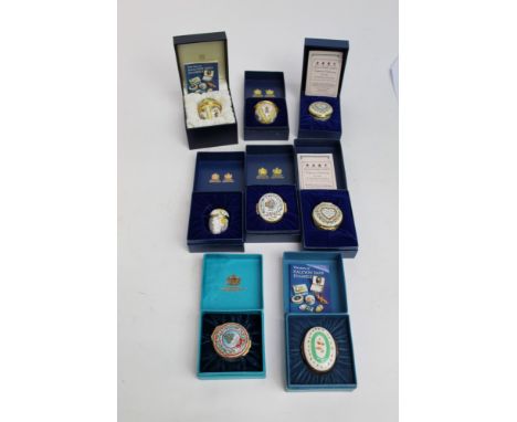 Six Halcyon Days enamel boxes, two Bilston &amp; Battersea enamel boxes and a selection of empty boxes