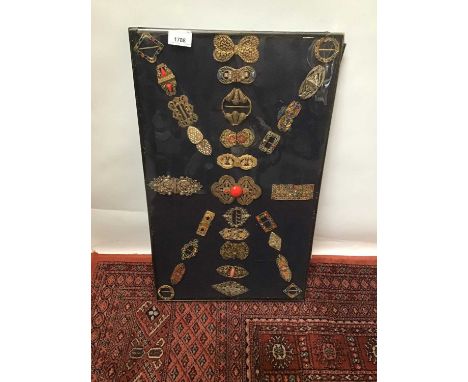 Collection of Art Deco decorative buckles and clips including Czech. Examples with cabochon stones, openwork filigree, enamel