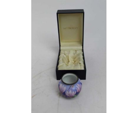 Moorcroft enamel miniature vase decorated with flowers, 5cm high, in original box