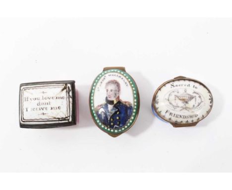 Three 18th/19th Century Bilston enamel boxes, including one with a portrait of the Duke of Wellington