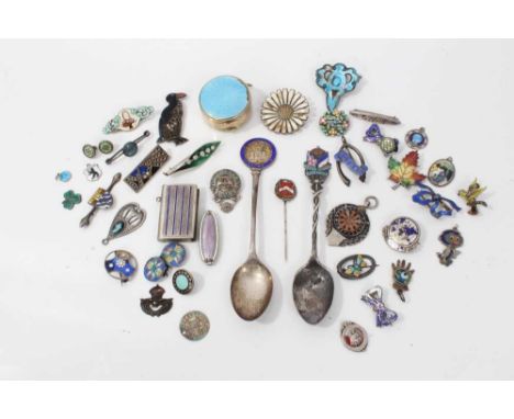 Group silver and enamel jewellery and other items including two silver souvenir teaspoons, silver darts fob, brooches and pen