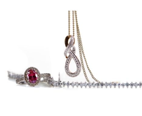 DIAMOND CHIP PENDANT, of openwork form, set with a single diamond chip, gold plated, along with a white metal gem set bracele