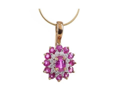 RUBY AND DIAMOND PENDANT, on a nine carat gold chain, along with a nine carat gold ring, size P, 6.9g (2)
Rubies pinky red in