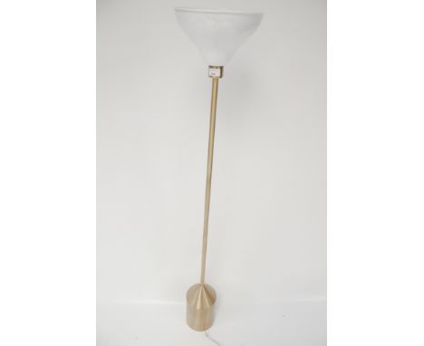 A contemporary brushed metal standard uplighter lamp. With a white shade, H150cm