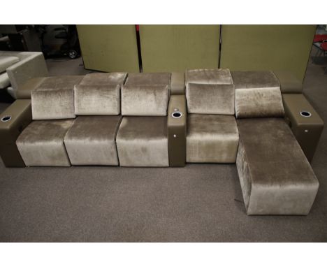 A large grey Cineak modular home cinema five-seater lounger sofa with recliner. With heated/cooling cup holders (not tested).
