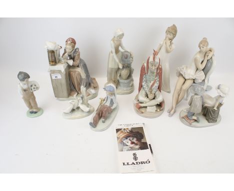 A collection of nine assorted Lladro and Nao porcelain figures. Including 'Rural Actress' and 'Jester' from the Norman Rockwe