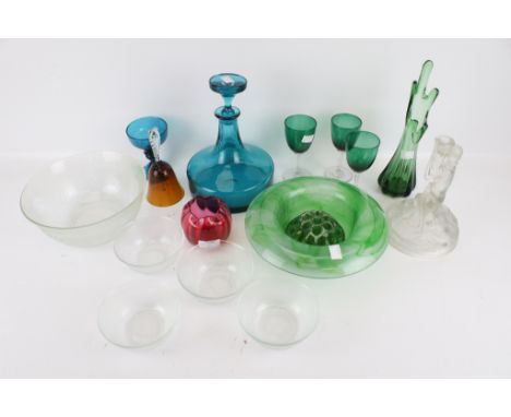 A collection of assorted 20th century coloured glass. Including a lamp base, a turquoise decanter, etc. Max. H27cm
