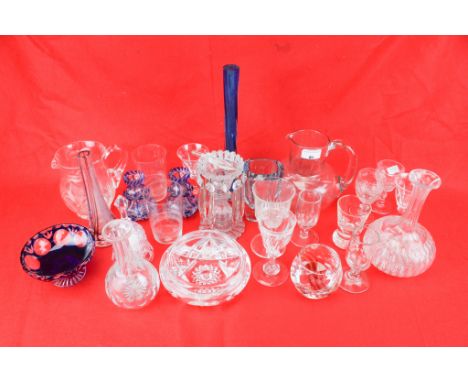 A collection of glassware. Including a Victorian table lustre, a pair of blue perfume bottles (missing stoppers), two Caithne