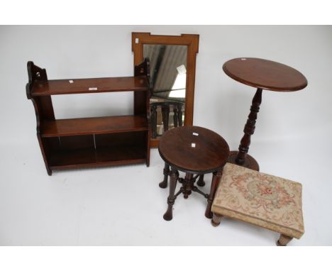 A group of five assorted pieces of furniture. Including a footstool, an oak wall shelf, a converted piano stool table, a wine