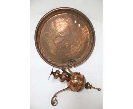 A brass and copper three branch ceiling lamp hook and a circular copper tray. Tray diameter 60cm