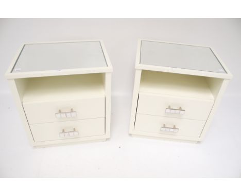 A pair of contemporary bedside cabinets. With mirror top, open shelf and two soft close drawers, L50cm x D40cm x H55cm