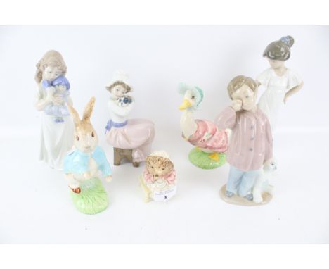 A collection of assorted ornamental china figurines. Including Royal Albert Beatrix Potter 'Jemima Puddleduck' and four Nao '