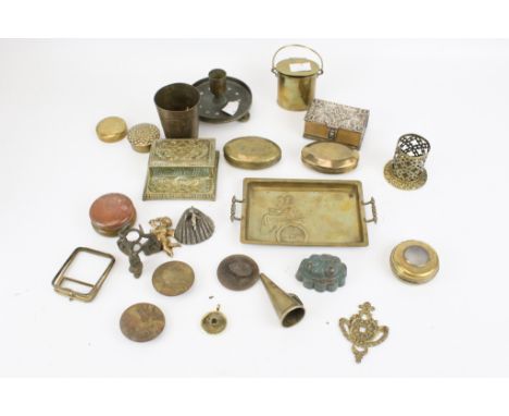 A collection of 19th century and later brass collectables and interesting miscellanea. Including a miner's brass oval snuff b